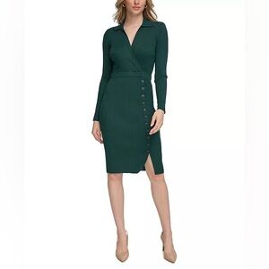 CALVIN KLEIN Emerald Green Button Trim Sweater Dress Women's S Office Classy